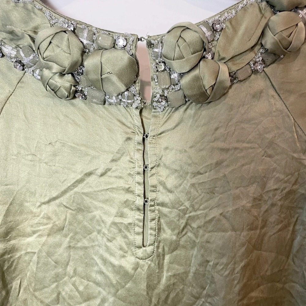 Tracy Porter 3/4 Puff‎ Sleeve Jeweled Neck Blouse Womens 4-6 Green Pleated Satin - Picture 5 of 7